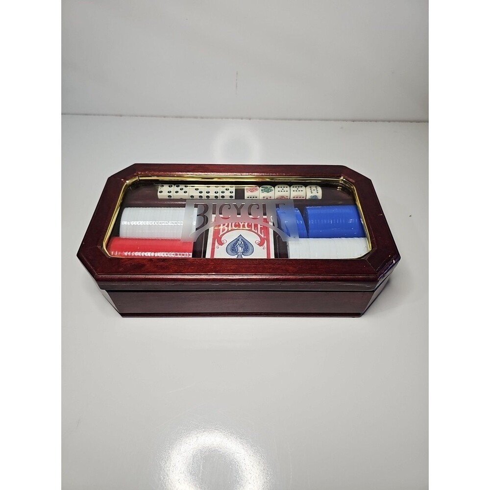 Bicycle Poker Set 1 Sealed Deck 10 Dice Red, Blue and White Chips Wood Box Glass